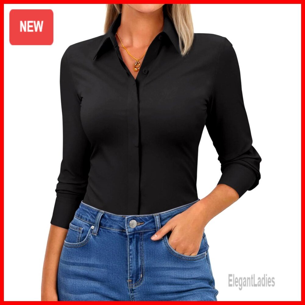 Slim Fit Long Sleeve Stretch Button Down Shirt Wrinkle Free Office Blouse